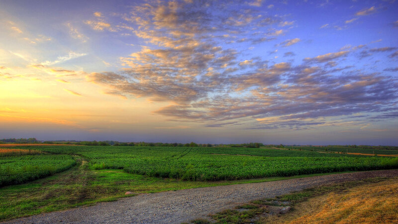 Sunset over farmland fields