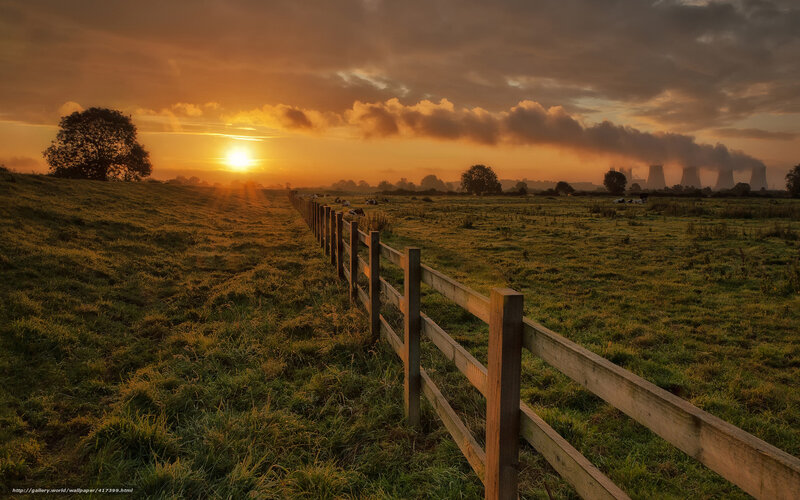Sunset over Field — Orange, Dramatic, Photograph, Fence