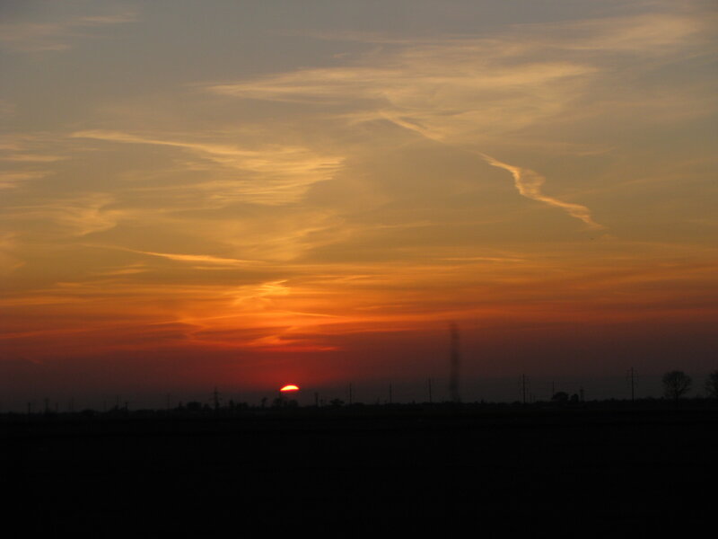 Sunset over Field — Orange, Dramatic, Photograph, Sun, Clouds, Power Lines