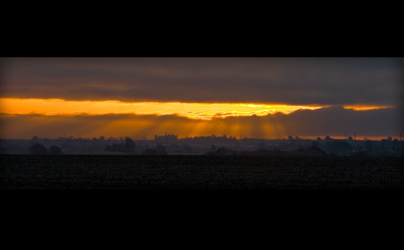 Sunset over Fields — Orange, Dramatic, Photograph, Clouds, Rays of Light