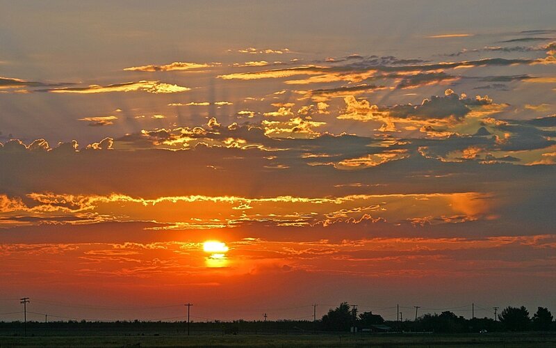 Sunset over Fields — Orange, Dramatic, Photograph, Clouds, Sun, Power Lines
