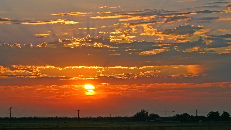 Sunset over Fields — Orange, Dramatic, Photograph, Clouds, Sun