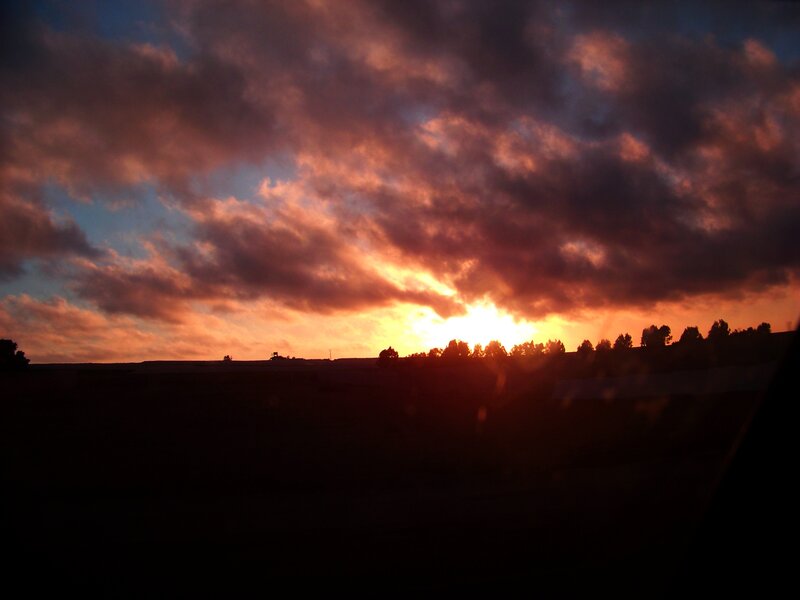 Sunset over Fields — Orange, Dramatic, Photograph, Clouds, Trees, Sun