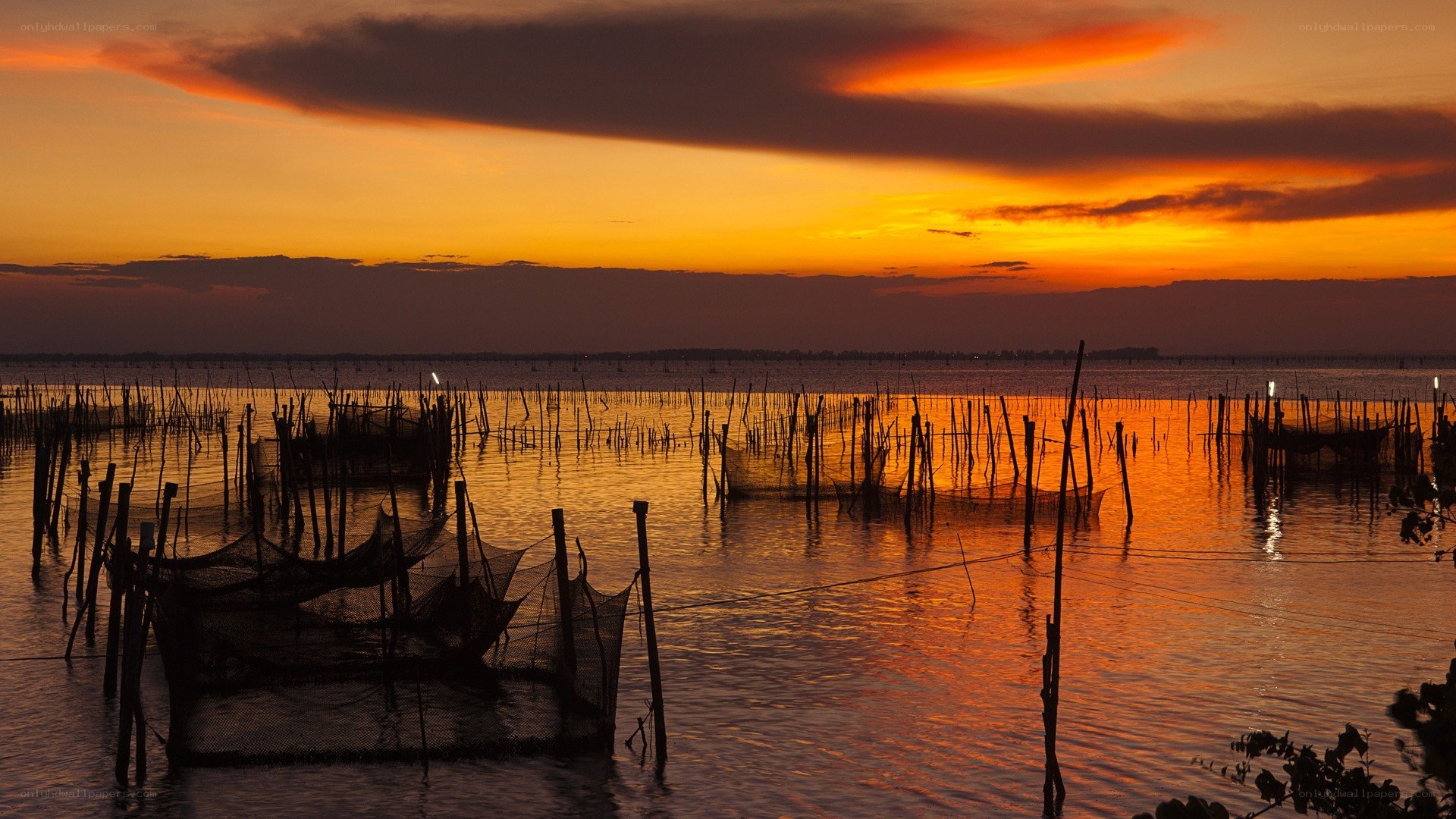 sunset over fishing nets