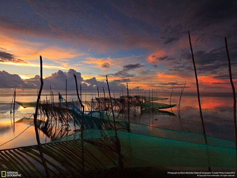 Sunset over fishing nets