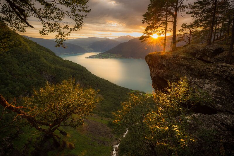 Sunset over Fjord Landscape — Green
