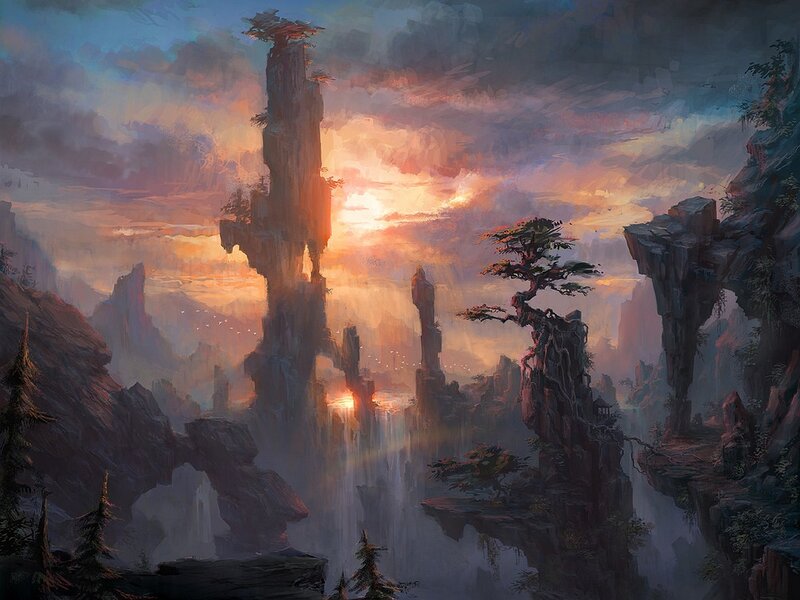 Sunset over floating mountains