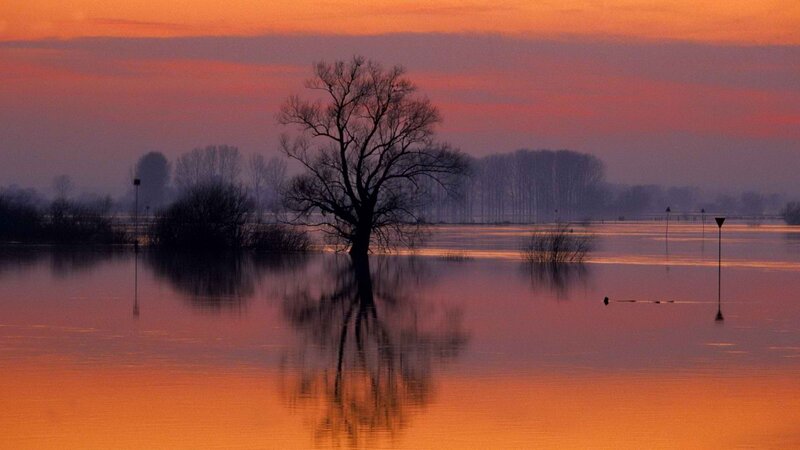 sunset over flooded landscape