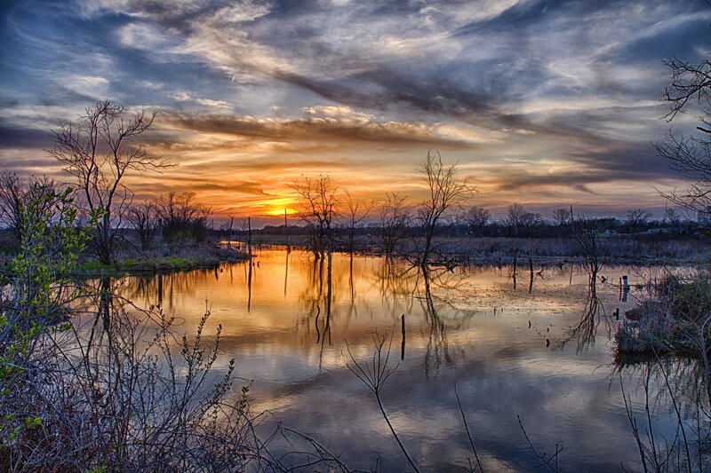 Sunset over Flooded Marsh — Orange, Dramatic