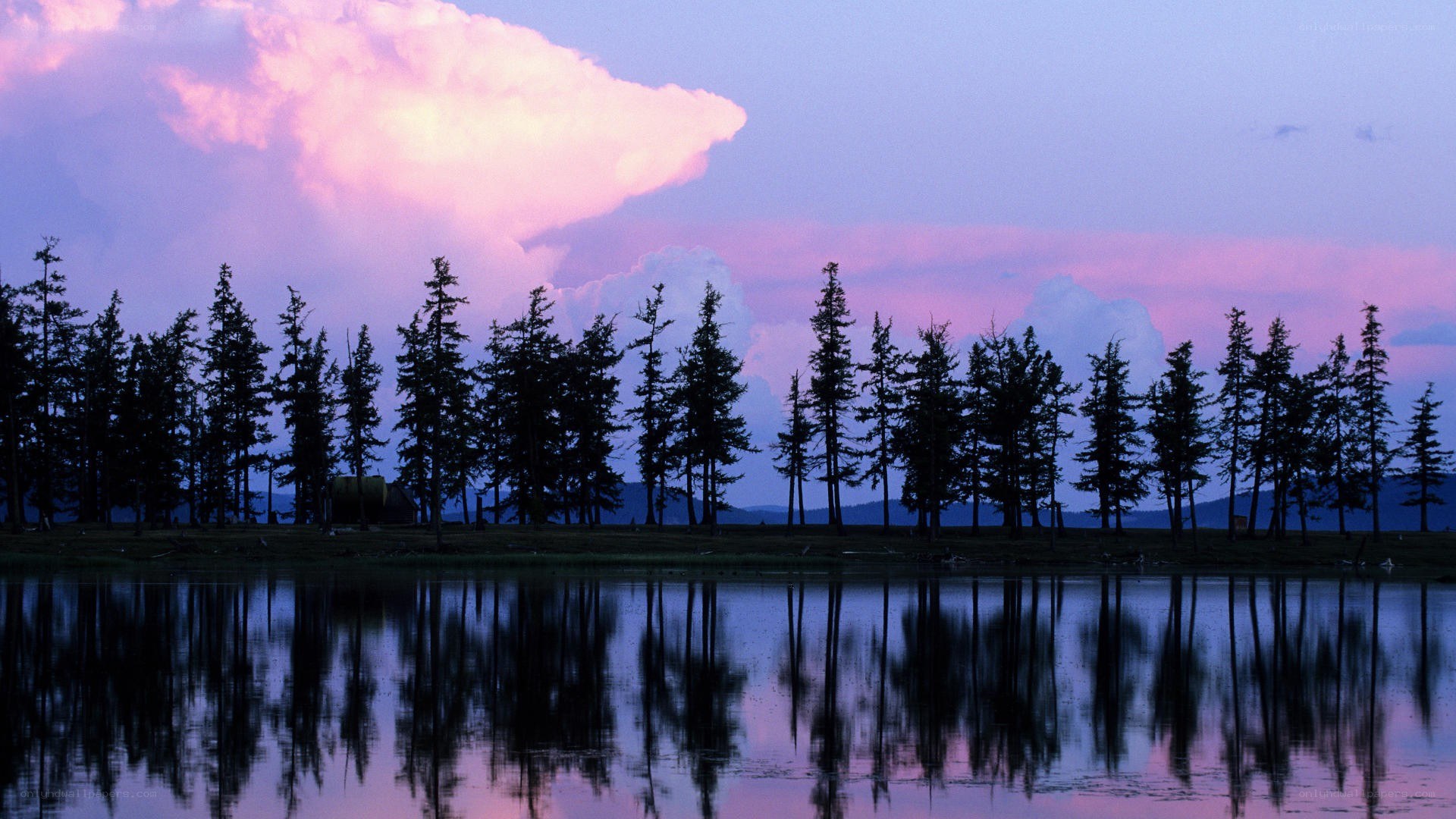 Sunset over forest lake