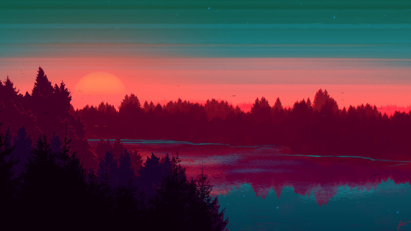 Sunset over Forest Lake — Red, Serene