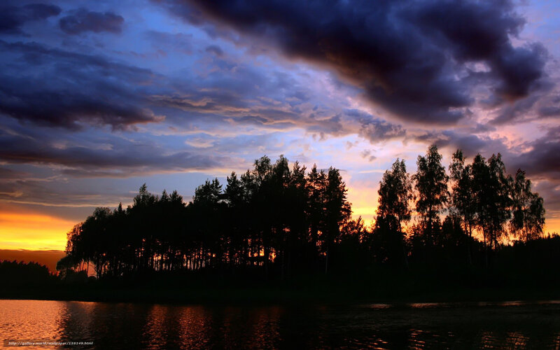 Sunset over forest lake