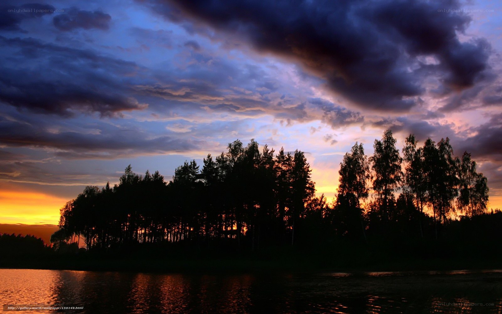 Sunset over forest lake