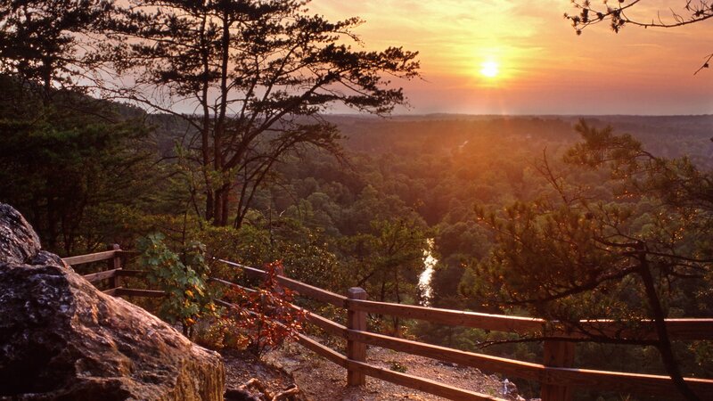 sunset over forest valley