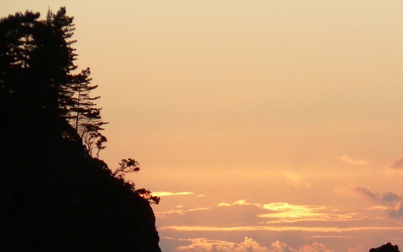 sunset over forested cliff