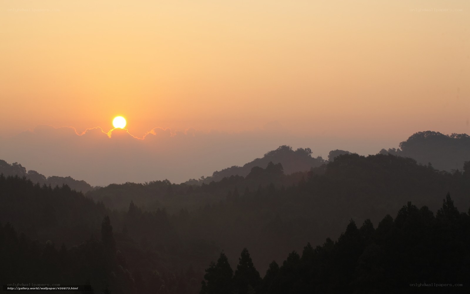 Sunset over forested hills