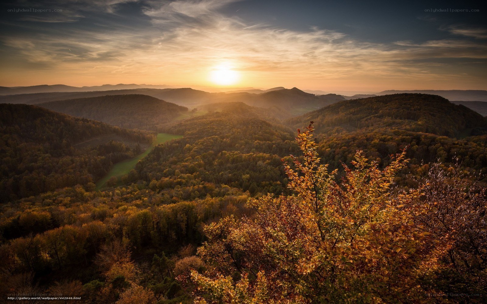 Sunset over forested hills