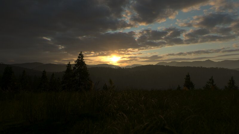 Sunset over Forested Hills — Green, Serene, 3d Render
