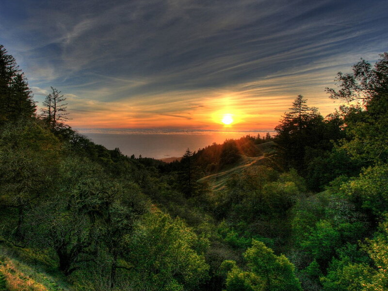 Sunset over Forested Hills — Green, Serene, Photograph, Sun