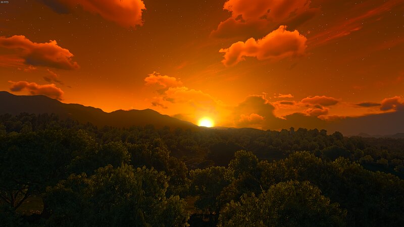 Sunset over Forested Hills — Orange, Dramatic, Digital Art
