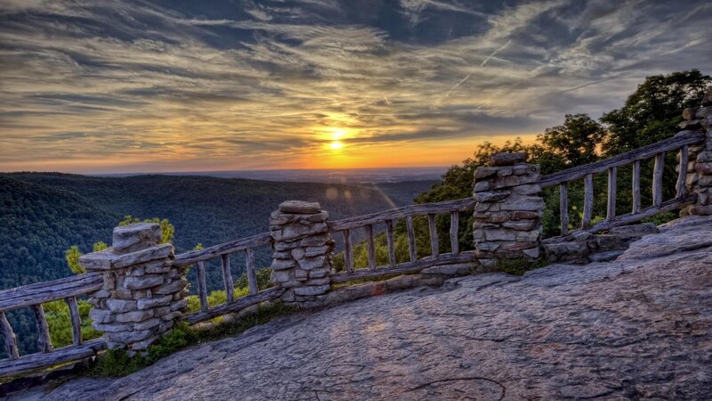 Sunset over Forested Hills — Orange, Dramatic, Photograph, Stone Railing