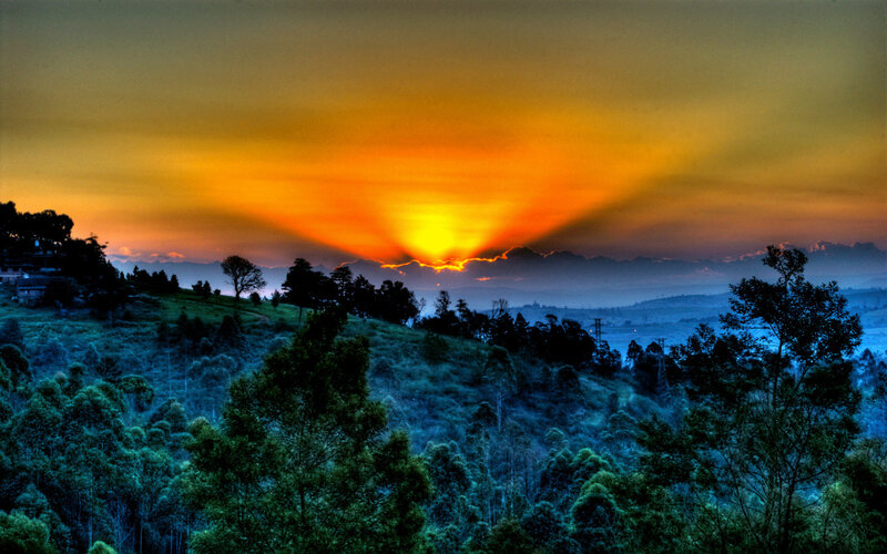 Sunset over Forested Hills — Orange, Dramatic, Photograph, Trees, Mountains
