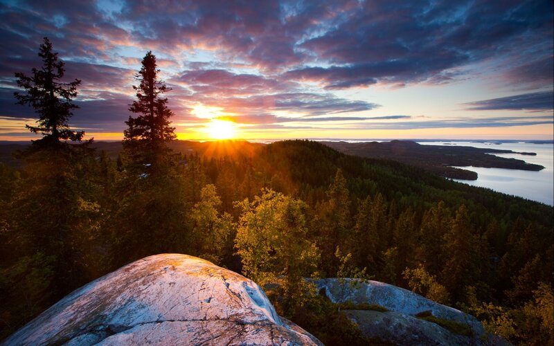 Sunset over Forested Hills — Orange, Dramatic, Photograph, Trees
