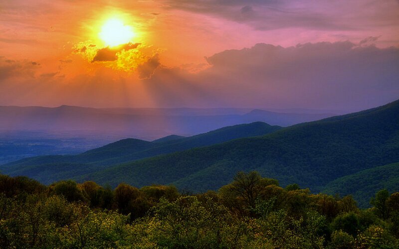 Sunset over Forested Hills — Orange, Serene, Photograph