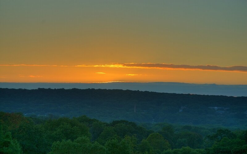 Sunset over Forested Hills — Orange, Serene, Photograph, Trees