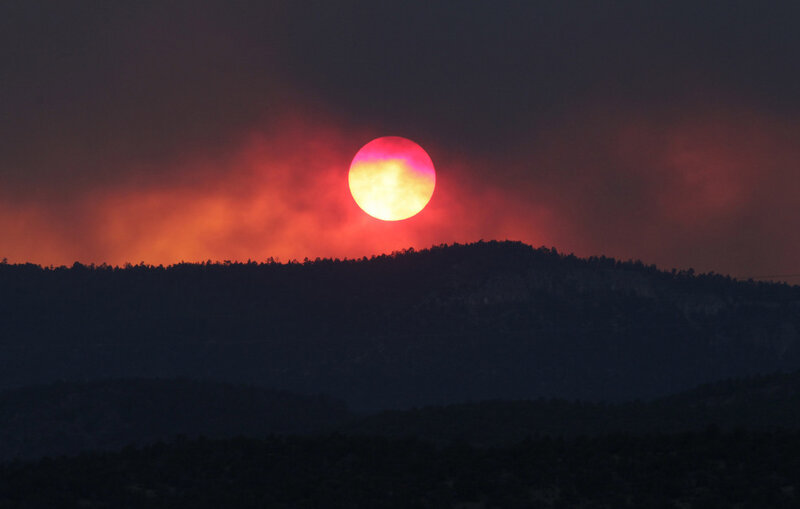 Sunset over Forested Hills — Red