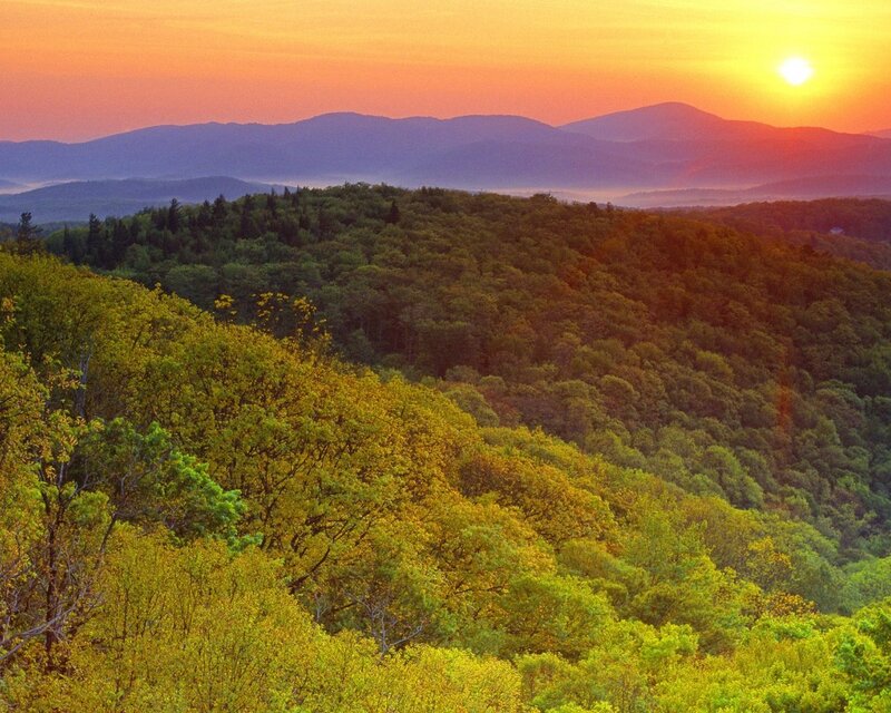 Sunset over forested mountains