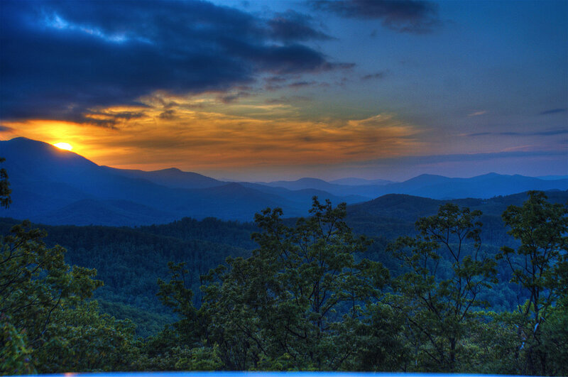 Sunset over Forested Mountains — Blue