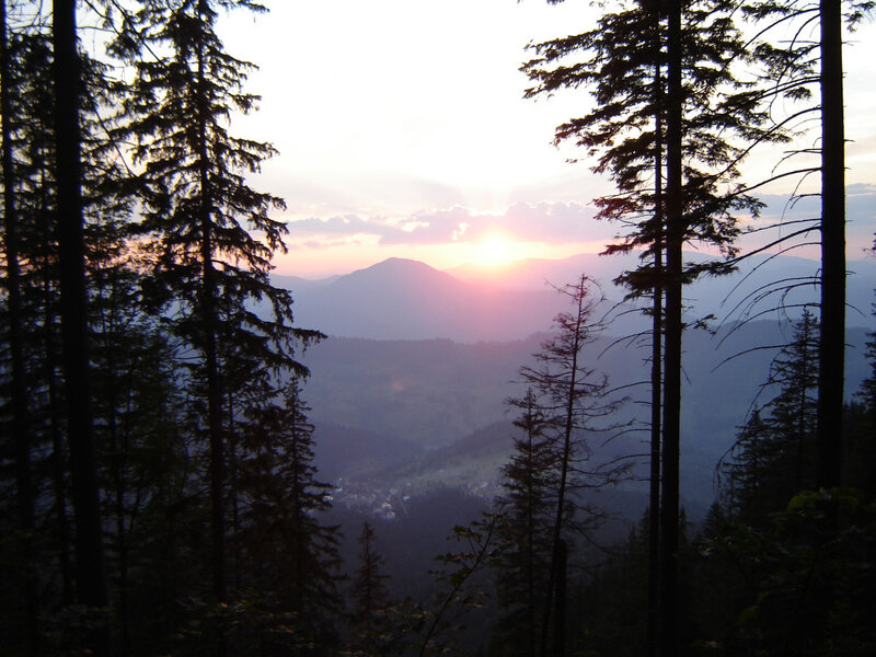 Sunset over Forested Mountains — Pink