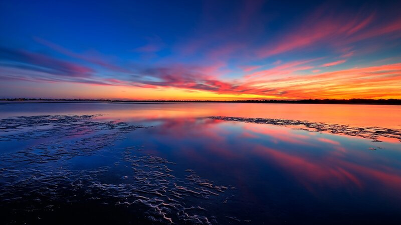 Sunset over Frozen Lake — Blue, Dramatic, Photograph, Sky