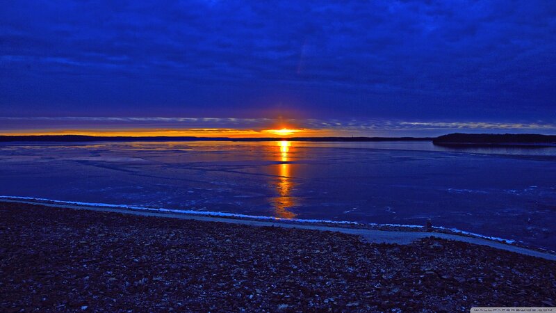 Sunset over Frozen Lake — Blue, Dramatic, Photograph, Sun