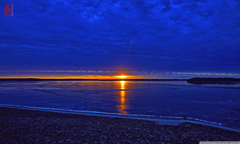 Sunset over Frozen Lake — Blue, Dramatic, Photograph