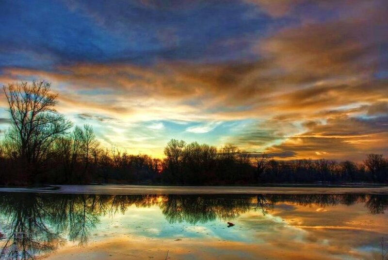 Sunset over Frozen Lake — Blue, Dramatic, Photograph, Trees
