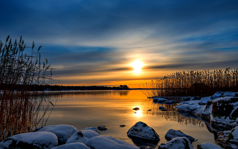 Sunset over Frozen Lake — Blue, Serene, Photograph, Reeds