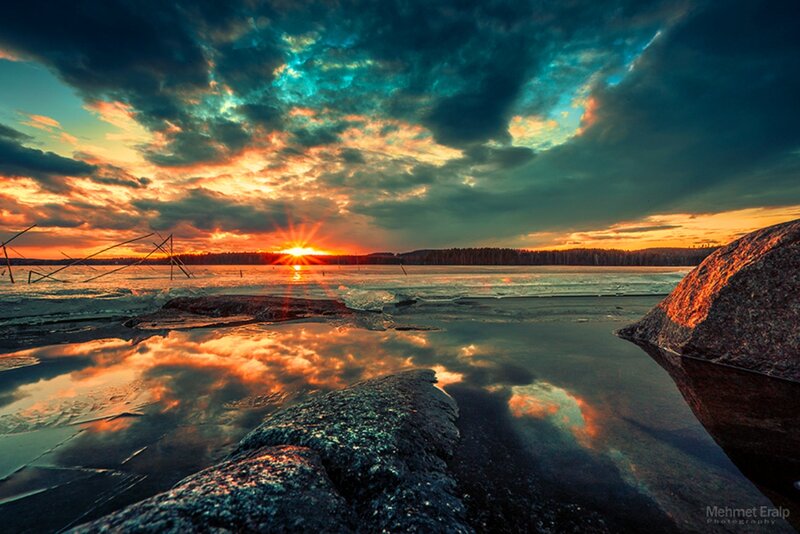 Sunset over Frozen Lake — Orange, Dramatic, Photograph, Rocks