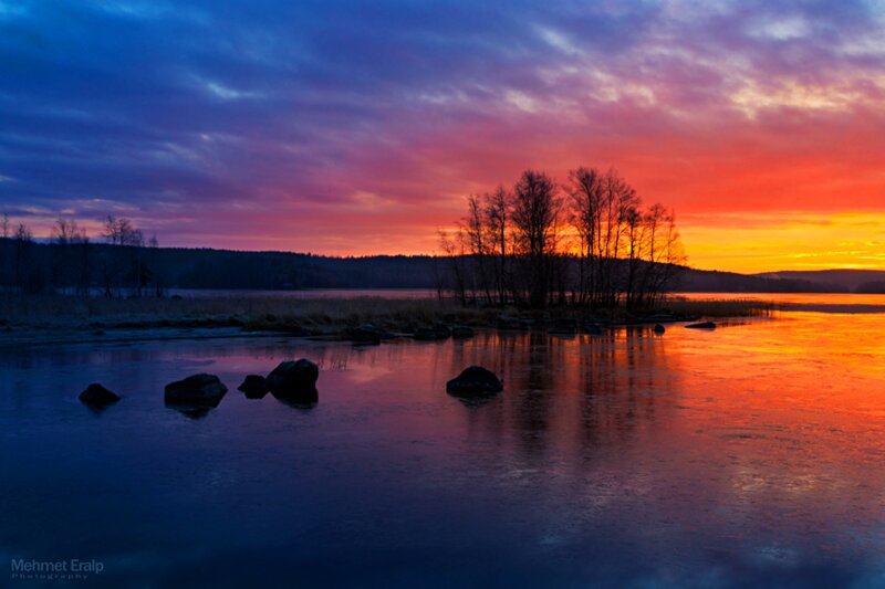 Sunset over Frozen Lake — Orange, Dramatic, Photograph, Trees