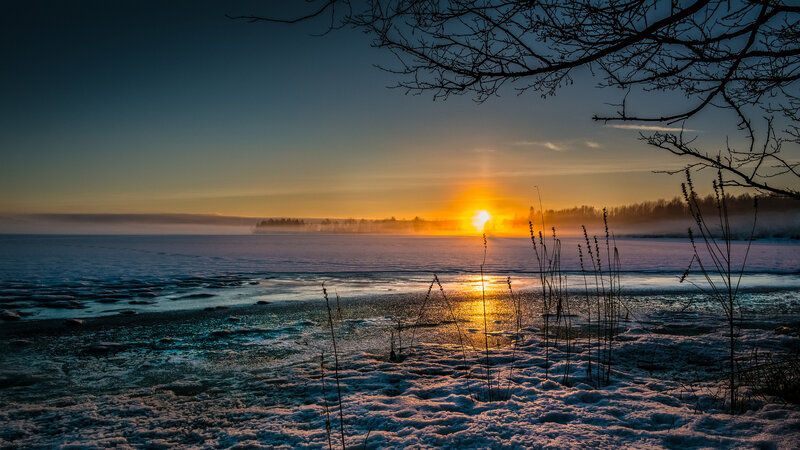 Sunset over Frozen Lake — Orange, Serene, Winter, Photograph