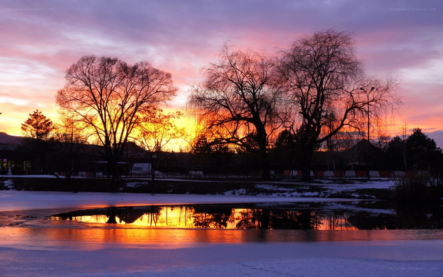Sunset over frozen pond
