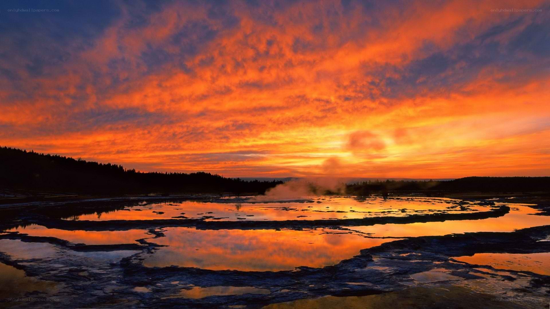 sunset over geothermal pools
