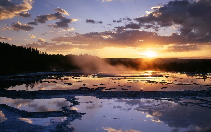 Sunset over geothermal pools