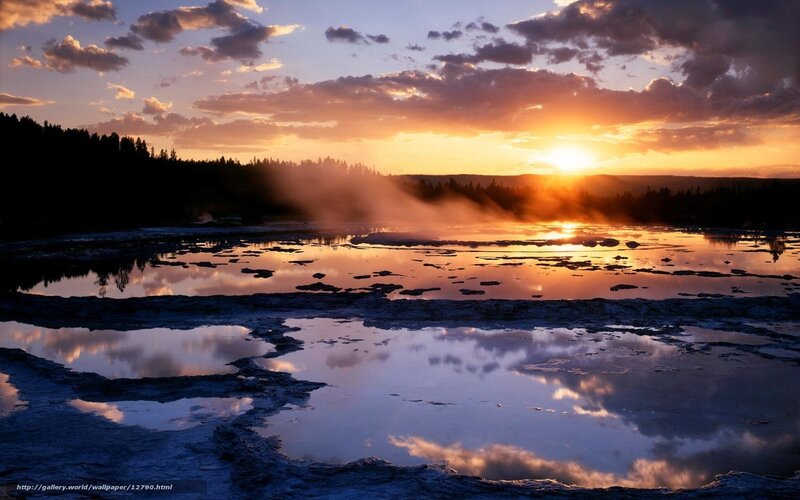 Sunset over geothermal pools