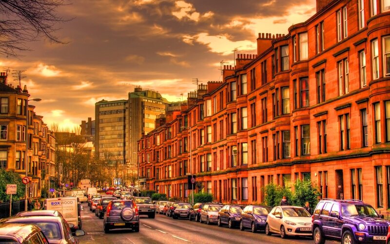 Sunset over Glasgow street