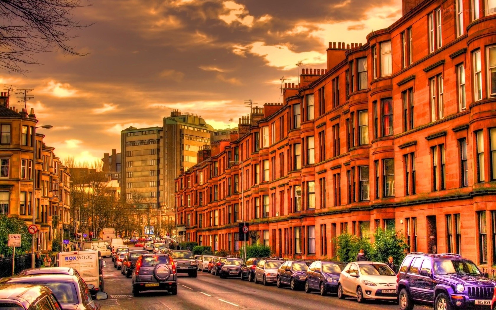Sunset over Glasgow street