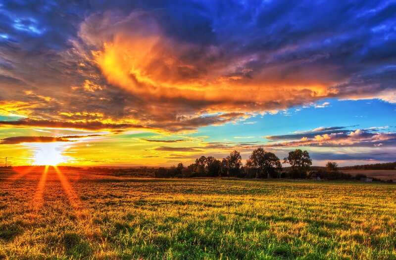 Sunset over Grassy Field — Blue, Dramatic, Photograph, Clouds