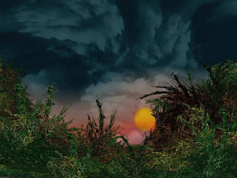Sunset over Grassy Field — Green, Dramatic, Digital Art