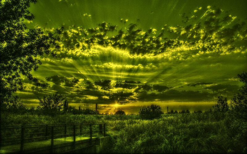 Sunset over Grassy Field — Green, Dramatic, Photograph, Clouds